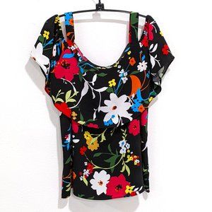 August Silk Black Floral Peek a Boo Shoulder Blouse Top Size Medium